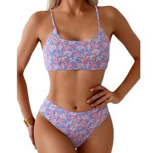 Women 2 Piece Swimsuit Size M Blue Pink Floral Scoop Neck High Waist Bikini NWT